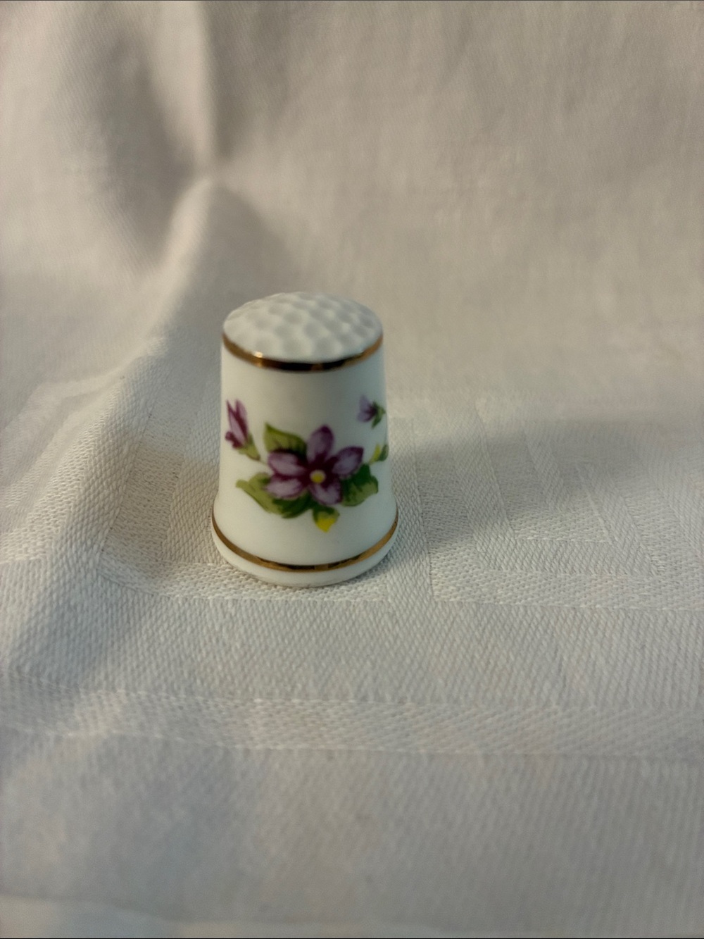 Bone China Purple Floral Thimble with Gold Plate Stripe on top and bottom